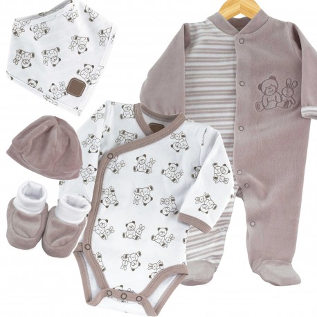 Set naissance 5p grenouillere,bonnet, chausson,body,bandanna, 2 tailles assortis 0m, 1m, livrable par 2