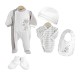 Set naissance 5p grenouillere,bonnet, chausson,body,bavoir,tailles assorties 0m, 1m, livrable par 2