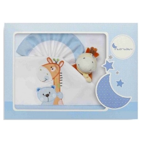 Parure pour lit de bébé avec peluche 60x120 - 3pieces blanc/bleu Girafe ours 03124-11