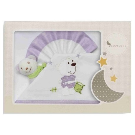 Parure pour lit de bébé avec peluche 60x120 - 3pieces blanc/lilas ours/oreiller 03123-33