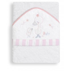 Cape du bain 1x1 m coton blanc/rose petit canard et bébé 1121-12