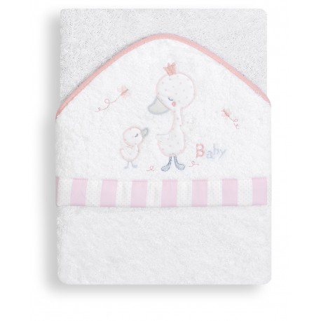 Cape du bain 1x1 m coton blanc/rose petit canard et bébé 1121-12