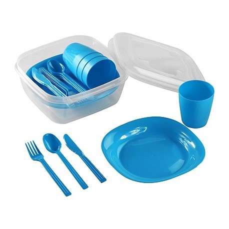 12100SIV CAMPING SET HAWAII 4 PERSONNES (4 ASSIETTES 4 GOBELETS 4 SET 3 COUVERTS) (Vert/Rose/Bleu)